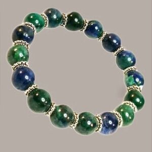 Blue Green Azurite Malachite Beaded Stretch Bracelet Boho Nature Gift